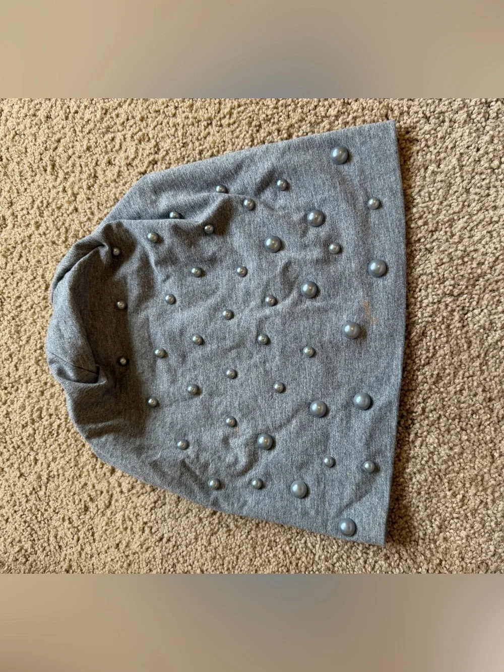 Embellished Gray Beanie with Pearlescent Studs